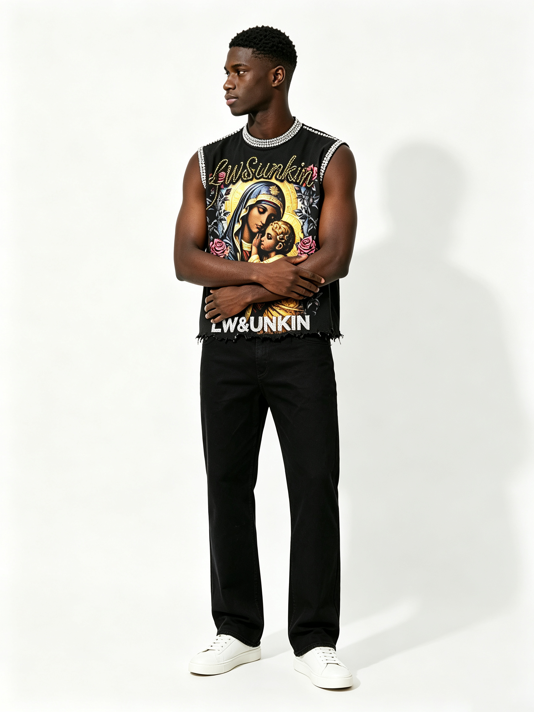 Custom Black Rhinestone Trim Raw Fray Cropped Sleeveless Tank Top Manufacturer | Men Religious Madonna & Child Rose Floral Portrait Print Oversized Y2K Grunge Streetwear Vest Private Label, 50 MOQ, 7-Day Sample & 15-Day Bulk Lead Time