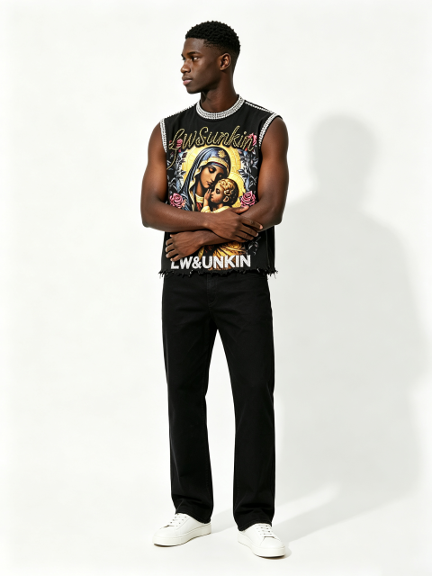 Custom Black Rhinestone Trim Raw Fray Cropped Sleeveless Tank Top Manufacturer | Men Religious Madonna & Child Rose Floral Portrait Print Oversized Y2K Grunge Streetwear Vest Private Label, 50 MOQ, 7-Day Sample & 15-Day Bulk Lead Time