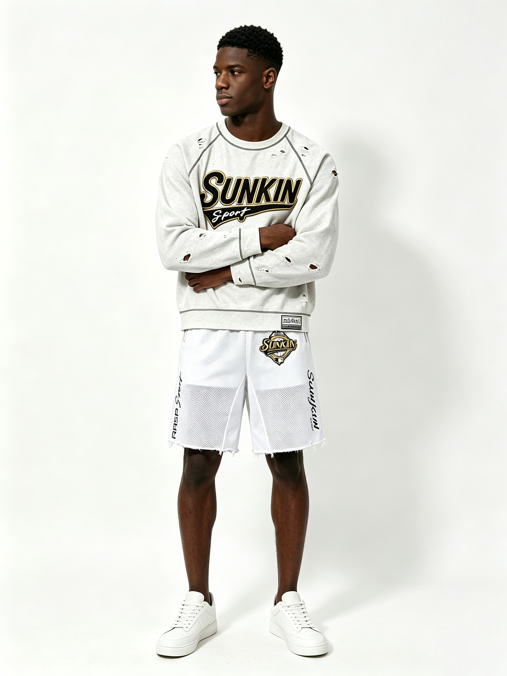 Custom Light Heather Gray Ripped Distressed Raglan Crewneck Sweatshirt & White Mesh Raw Hem Basketball Short Two Piece Matching Set Manufacturer | Men Gold Border Varsity Chenille Patch Sport Oversized Streetwear Co-Ord Private Label, 50 MOQ, 7-Day Sample