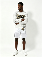 Custom Light Heather Gray Ripped Distressed Raglan Crewneck Sweatshirt & White Mesh Raw Hem Basketball Short Two Piece Matching Set Manufacturer | Men Gold Border Varsity Chenille Patch Sport Oversized Streetwear Co-Ord Private Label, 50 MOQ, 7-Day Sample