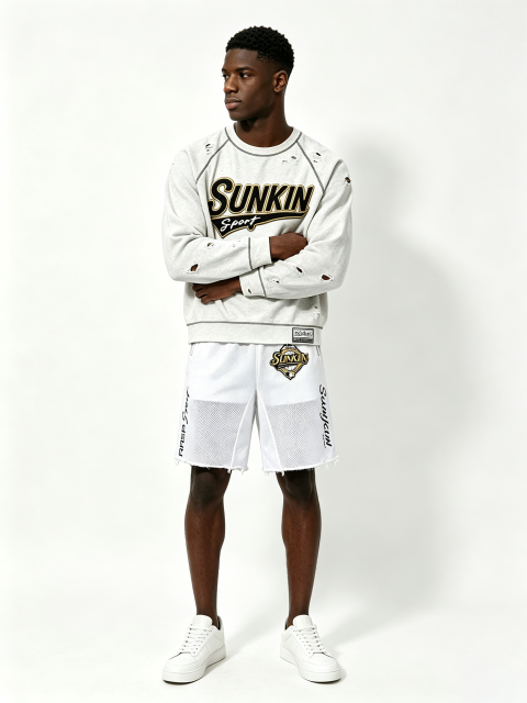 Custom Light Heather Gray Ripped Distressed Raglan Crewneck Sweatshirt & White Mesh Raw Hem Basketball Short Two Piece Matching Set Manufacturer | Men Gold Border Varsity Chenille Patch Sport Oversized Streetwear Co-Ord Private Label, 50 MOQ, 7-Day Sample