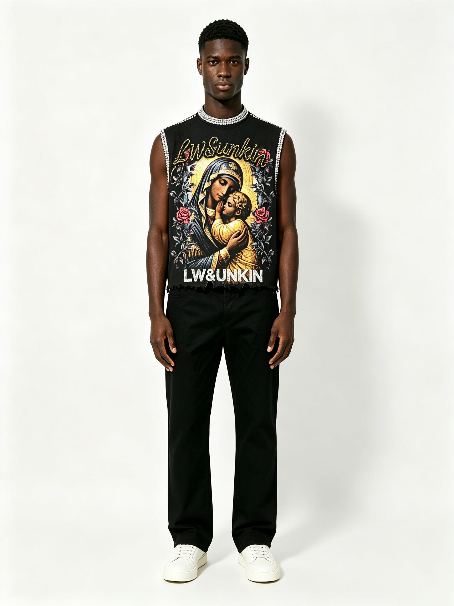 Custom Black Rhinestone Trim Raw Fray Cropped Sleeveless Tank Top Manufacturer | Men Religious Madonna & Child Rose Floral Portrait Print Oversized Y2K Grunge Streetwear Vest Private Label, 50 MOQ, 7-Day Sample & 15-Day Bulk Lead Time
