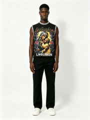 Custom Black Rhinestone Trim Raw Fray Cropped Sleeveless Tank Top Manufacturer | Men Religious Madonna & Child Rose Floral Portrait Print Oversized Y2K Grunge Streetwear Vest Private Label, 50 MOQ, 7-Day Sample & 15-Day Bulk Lead Time
