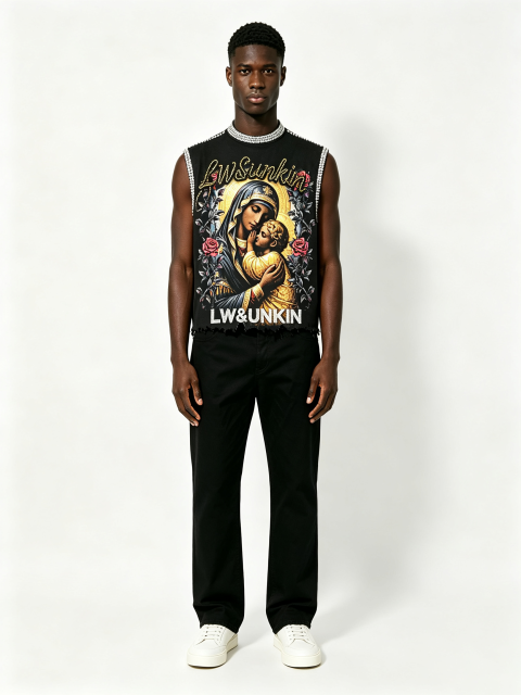 Custom Black Rhinestone Trim Raw Fray Cropped Sleeveless Tank Top Manufacturer | Men Religious Madonna & Child Rose Floral Portrait Print Oversized Y2K Grunge Streetwear Vest Private Label, 50 MOQ, 7-Day Sample & 15-Day Bulk Lead Time
