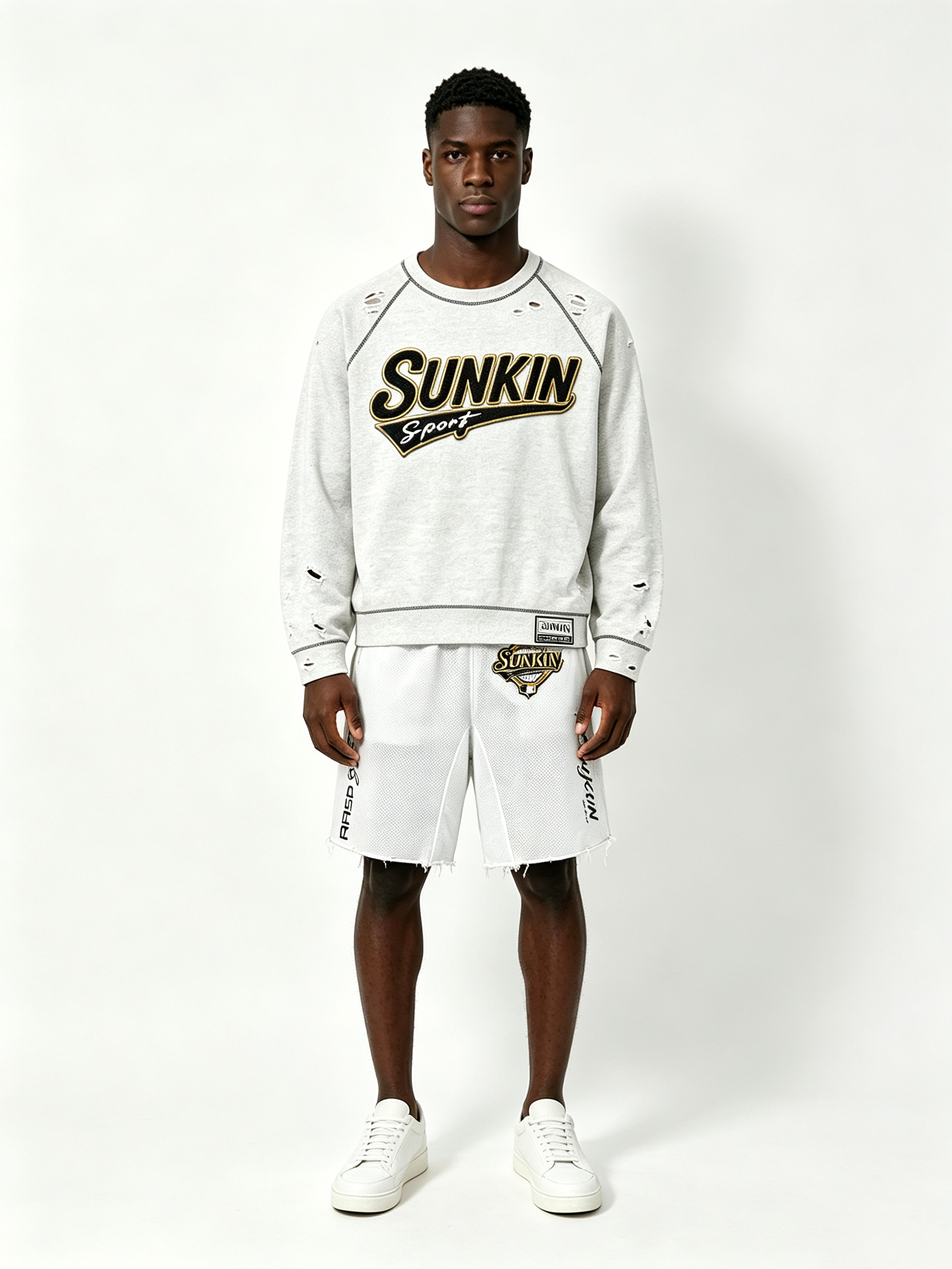 Custom Light Heather Gray Ripped Distressed Raglan Crewneck Sweatshirt & White Mesh Raw Hem Basketball Short Two Piece Matching Set Manufacturer | Men Gold Border Varsity Chenille Patch Sport Oversized Streetwear Co-Ord Private Label, 50 MOQ, 7-Day Sample