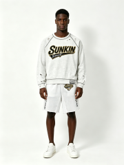 Custom Light Heather Gray Ripped Distressed Raglan Crewneck Sweatshirt & White Mesh Raw Hem Basketball Short Two Piece Matching Set Manufacturer | Men Gold Border Varsity Chenille Patch Sport Oversized Streetwear Co-Ord Private Label, 50 MOQ, 7-Day Sample