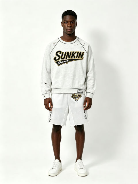 Custom Light Heather Gray Ripped Distressed Raglan Crewneck Sweatshirt & White Mesh Raw Hem Basketball Short Two Piece Matching Set Manufacturer | Men Gold Border Varsity Chenille Patch Sport Oversized Streetwear Co-Ord Private Label, 50 MOQ, 7-Day Sample
