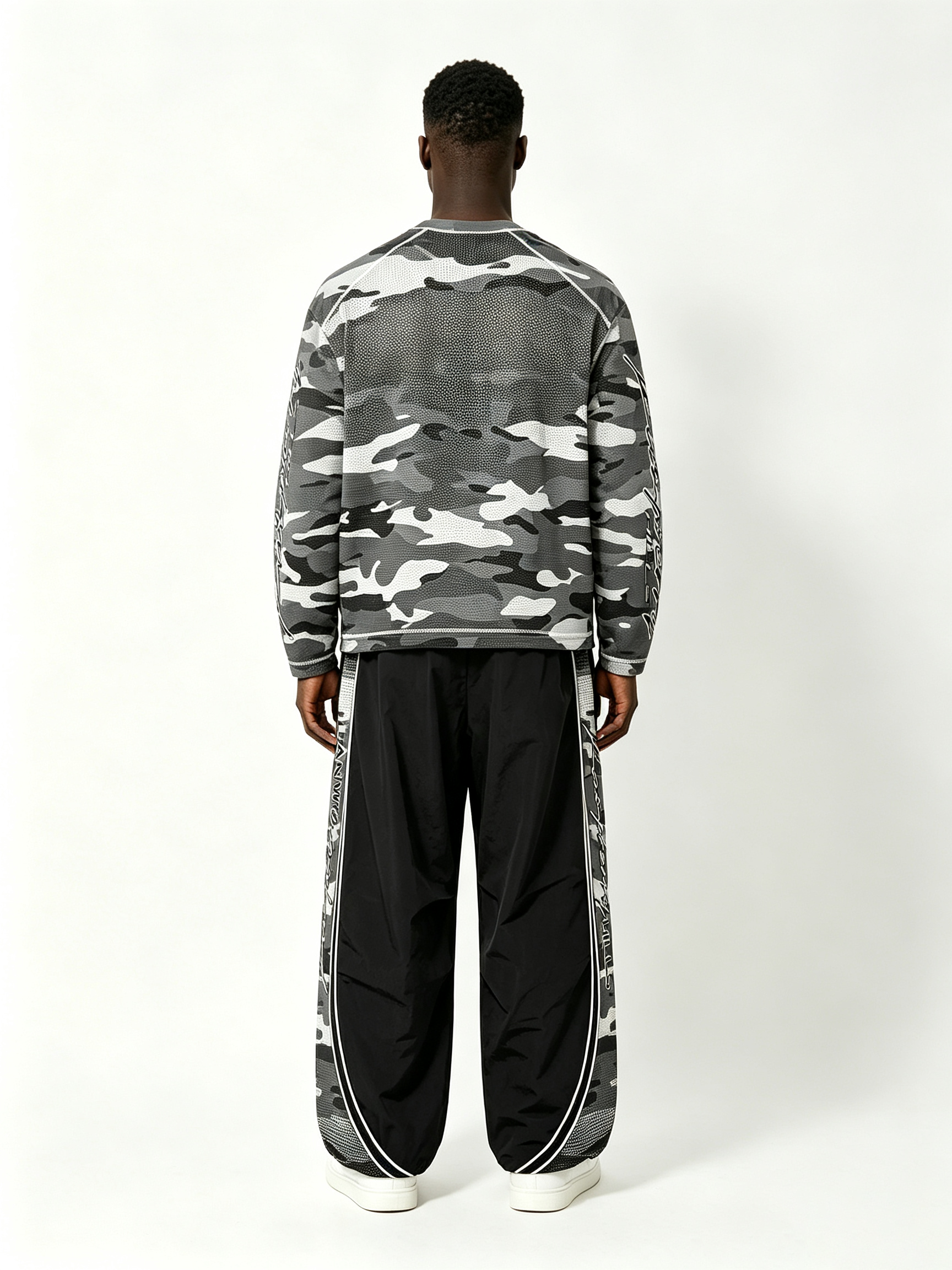 Custom Grey Urban Camo Raglan Long Sleeve Top & Side Panel Camo Wide Leg Nylon Pant Two Piece Matching Set Manufacturer | Men Varsity Letter 1997 Signature Cursive Script Oversized Tactical Streetwear Co-Ord Private Label, 50 MOQ, 7-Day Sample & 15-Day Bu