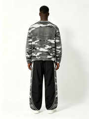 Custom Grey Urban Camo Raglan Long Sleeve Top & Side Panel Camo Wide Leg Nylon Pant Two Piece Matching Set Manufacturer | Men Varsity Letter 1997 Signature Cursive Script Oversized Tactical Streetwear Co-Ord Private Label, 50 MOQ, 7-Day Sample & 15-Day Bu