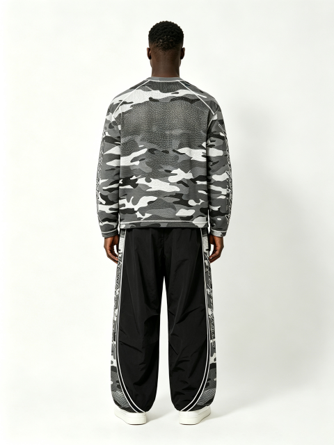 Custom Grey Urban Camo Raglan Long Sleeve Top & Side Panel Camo Wide Leg Nylon Pant Two Piece Matching Set Manufacturer | Men Varsity Letter 1997 Signature Cursive Script Oversized Tactical Streetwear Co-Ord Private Label, 50 MOQ, 7-Day Sample & 15-Day Bu