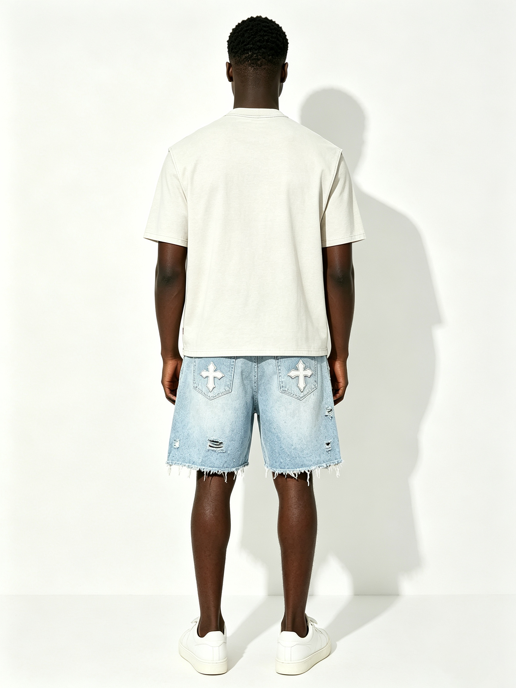 Custom Light Acid Wash Rhinestone Scatter Cross Embroidery Raw Fray Knee Denim Shorts Manufacturer | Men 3D Outline Cursive Logo Detachable Metal Chain Y2K Gothic Streetwear Jorts Private Label, 50 MOQ, 7-Day Sample & 15-Day Bulk Lead Time