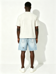 Custom Light Acid Wash Rhinestone Scatter Cross Embroidery Raw Fray Knee Denim Shorts Manufacturer | Men 3D Outline Cursive Logo Detachable Metal Chain Y2K Gothic Streetwear Jorts Private Label, 50 MOQ, 7-Day Sample & 15-Day Bulk Lead Time
