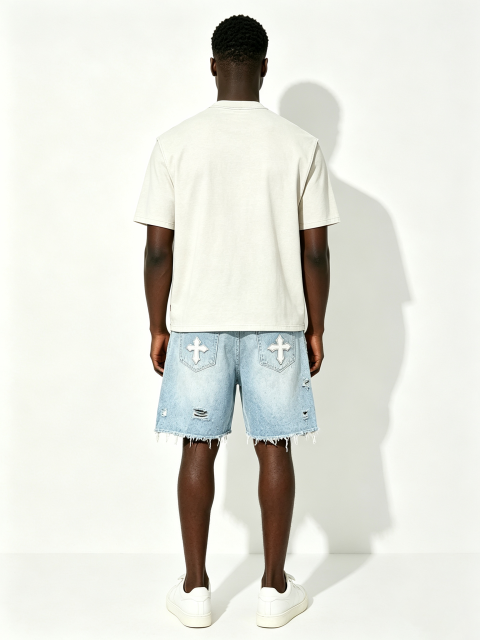 Custom Light Acid Wash Rhinestone Scatter Cross Embroidery Raw Fray Knee Denim Shorts Manufacturer | Men 3D Outline Cursive Logo Detachable Metal Chain Y2K Gothic Streetwear Jorts Private Label, 50 MOQ, 7-Day Sample & 15-Day Bulk Lead Time