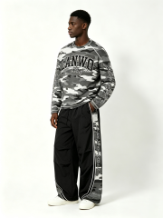 Custom Grey Urban Camo Raglan Long Sleeve Top & Side Panel Camo Wide Leg Nylon Pant Two Piece Matching Set Manufacturer | Men Varsity Letter 1997 Signature Cursive Script Oversized Tactical Streetwear Co-Ord Private Label, 50 MOQ, 7-Day Sample & 15-Day Bu