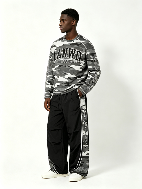 Custom Grey Urban Camo Raglan Long Sleeve Top & Side Panel Camo Wide Leg Nylon Pant Two Piece Matching Set Manufacturer | Men Varsity Letter 1997 Signature Cursive Script Oversized Tactical Streetwear Co-Ord Private Label, 50 MOQ, 7-Day Sample & 15-Day Bu