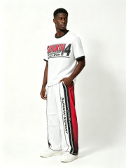 Custom Grey Urban Camo Raglan Long Sleeve Top & Side Panel Camo Wide Leg Nylon Pant Two Piece Matching Set Manufacturer | Men Varsity Letter 1997 Signature Cursive Script Oversized Tactical Streetwear Co-Ord Private Label, 50 MOQ, 7-Day Sample & 15-Day Bu