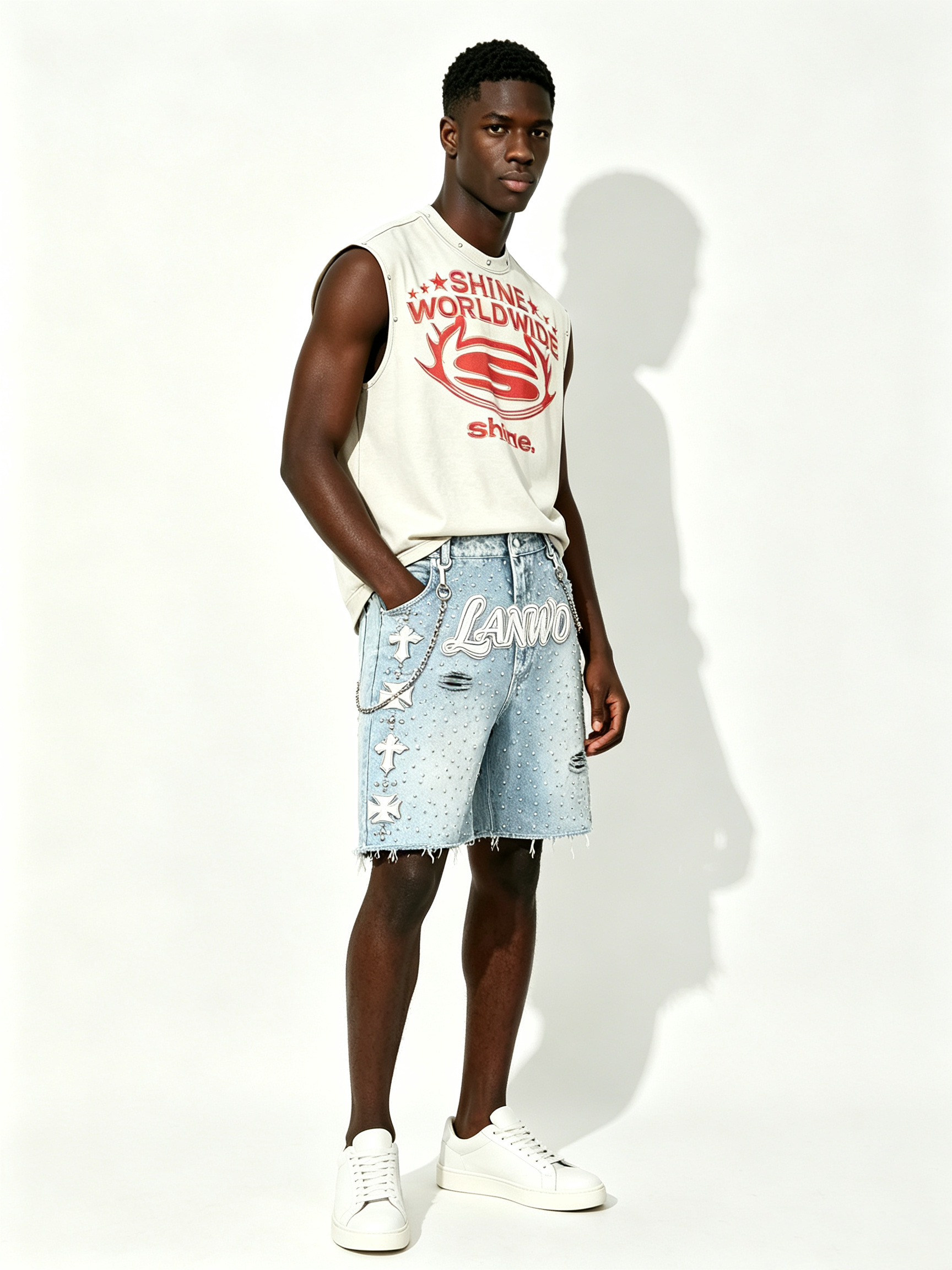 Custom Light Acid Wash Rhinestone Scatter Cross Embroidery Raw Fray Knee Denim Shorts Manufacturer | Men 3D Outline Cursive Logo Detachable Metal Chain Y2K Gothic Streetwear Jorts Private Label, 50 MOQ, 7-Day Sample & 15-Day Bulk Lead Time