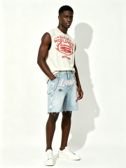 Custom Light Acid Wash Rhinestone Scatter Cross Embroidery Raw Fray Knee Denim Shorts Manufacturer | Men 3D Outline Cursive Logo Detachable Metal Chain Y2K Gothic Streetwear Jorts Private Label, 50 MOQ, 7-Day Sample & 15-Day Bulk Lead Time