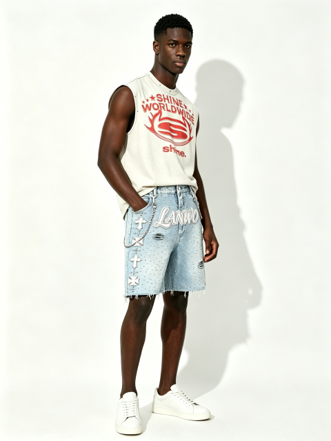 Custom Light Acid Wash Rhinestone Scatter Cross Embroidery Raw Fray Knee Denim Shorts Manufacturer | Men 3D Outline Cursive Logo Detachable Metal Chain Y2K Gothic Streetwear Jorts Private Label, 50 MOQ, 7-Day Sample & 15-Day Bulk Lead Time