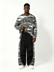 Custom Grey Urban Camo Raglan Long Sleeve Top & Side Panel Camo Wide Leg Nylon Pant Two Piece Matching Set Manufacturer | Men Varsity Letter 1997 Signature Cursive Script Oversized Tactical Streetwear Co-Ord Private Label, 50 MOQ, 7-Day Sample & 15-Day Bu