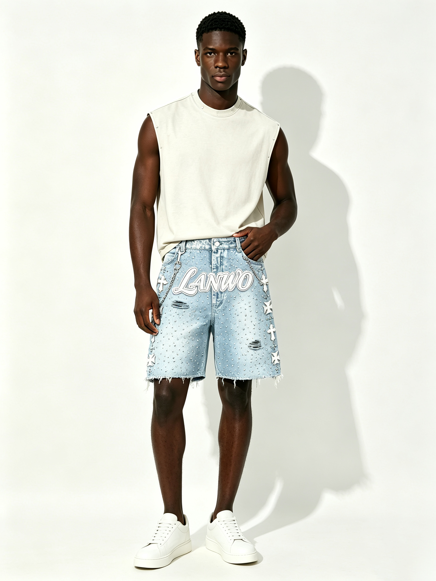 Custom Light Acid Wash Rhinestone Scatter Cross Embroidery Raw Fray Knee Denim Shorts Manufacturer | Men 3D Outline Cursive Logo Detachable Metal Chain Y2K Gothic Streetwear Jorts Private Label, 50 MOQ, 7-Day Sample & 15-Day Bulk Lead Time