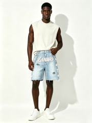 Custom Light Acid Wash Rhinestone Scatter Cross Embroidery Raw Fray Knee Denim Shorts Manufacturer | Men 3D Outline Cursive Logo Detachable Metal Chain Y2K Gothic Streetwear Jorts Private Label, 50 MOQ, 7-Day Sample & 15-Day Bulk Lead Time