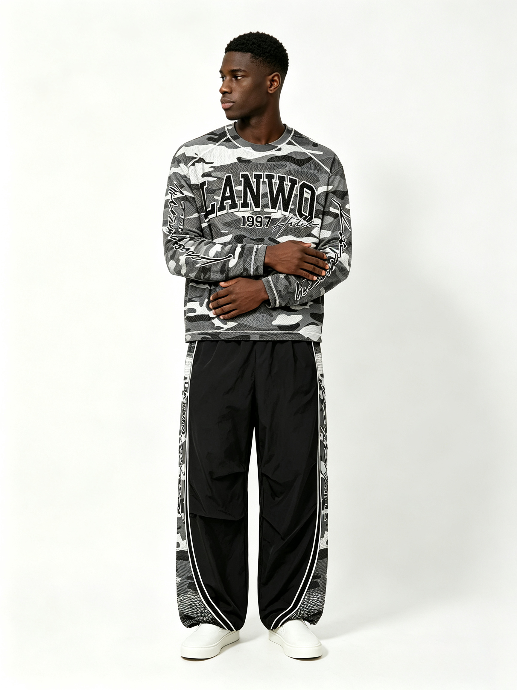 Custom Grey Urban Camo Raglan Long Sleeve Top & Side Panel Camo Wide Leg Nylon Pant Two Piece Matching Set Manufacturer | Men Varsity Letter 1997 Signature Cursive Script Oversized Tactical Streetwear Co-Ord Private Label, 50 MOQ, 7-Day Sample & 15-Day Bu