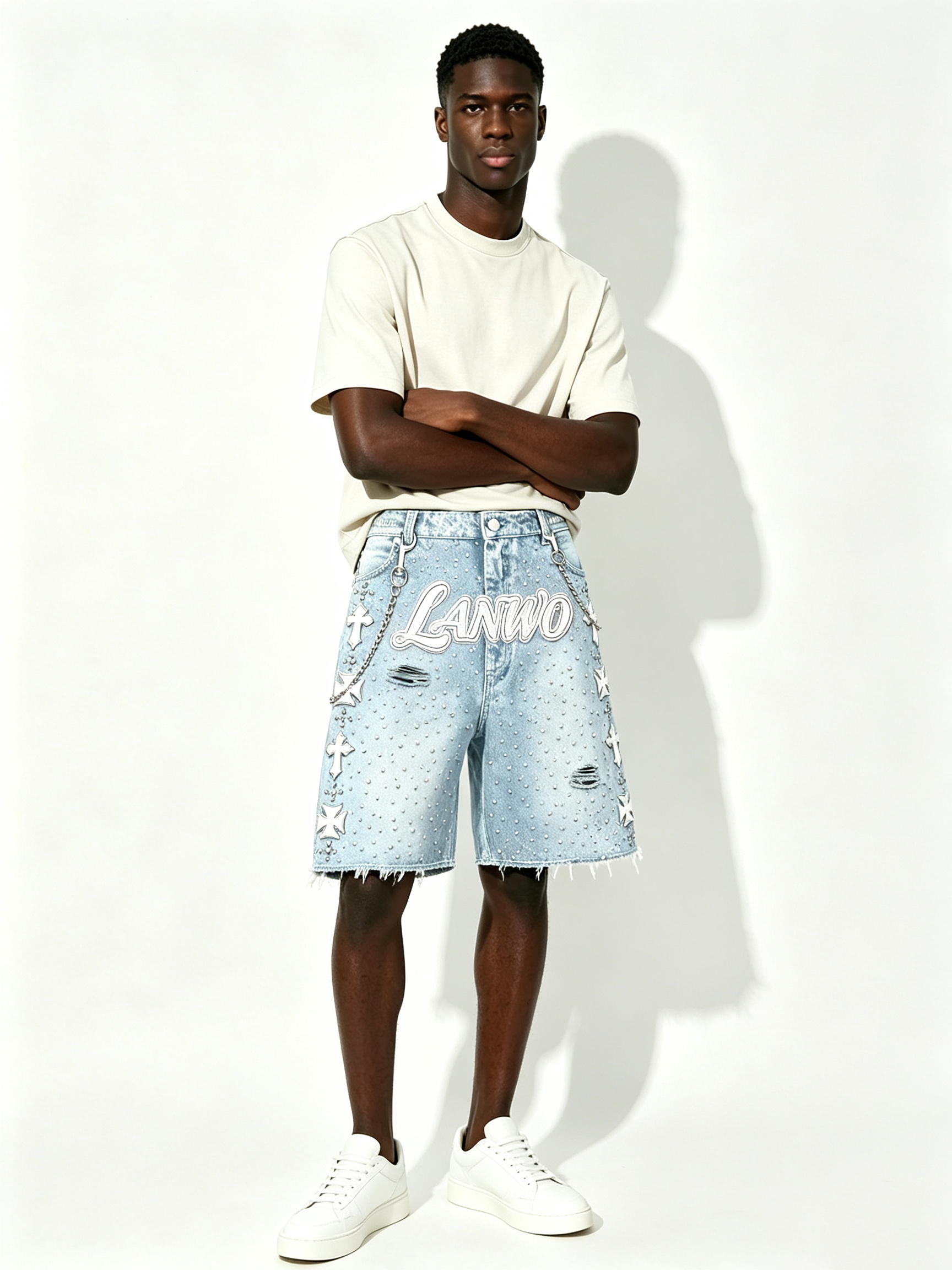 Custom Light Acid Wash Rhinestone Scatter Cross Embroidery Raw Fray Knee Denim Shorts Manufacturer | Men 3D Outline Cursive Logo Detachable Metal Chain Y2K Gothic Streetwear Jorts Private Label, 50 MOQ, 7-Day Sample & 15-Day Bulk Lead Time