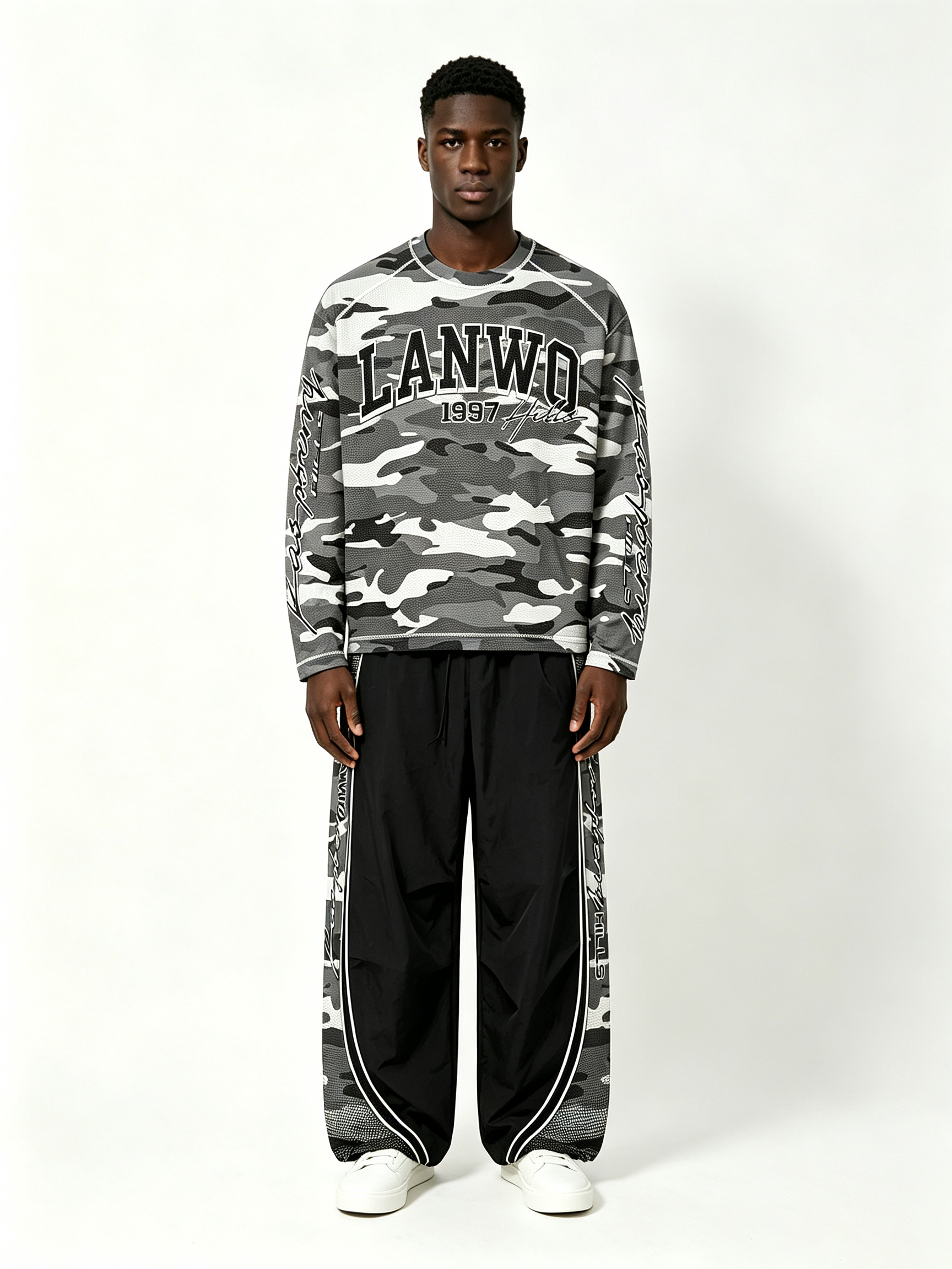 Custom Grey Urban Camo Raglan Long Sleeve Top & Side Panel Camo Wide Leg Nylon Pant Two Piece Matching Set Manufacturer | Men Varsity Letter 1997 Signature Cursive Script Oversized Tactical Streetwear Co-Ord Private Label, 50 MOQ, 7-Day Sample & 15-Day Bu