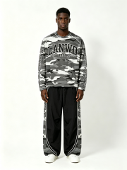 Custom Grey Urban Camo Raglan Long Sleeve Top & Side Panel Camo Wide Leg Nylon Pant Two Piece Matching Set Manufacturer | Men Varsity Letter 1997 Signature Cursive Script Oversized Tactical Streetwear Co-Ord Private Label, 50 MOQ, 7-Day Sample & 15-Day Bu