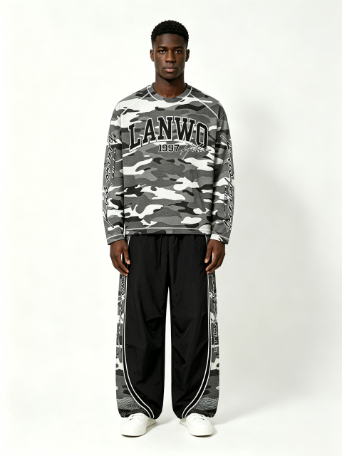 Custom Grey Urban Camo Raglan Long Sleeve Top & Side Panel Camo Wide Leg Nylon Pant Two Piece Matching Set Manufacturer | Men Varsity Letter 1997 Signature Cursive Script Oversized Tactical Streetwear Co-Ord Private Label, 50 MOQ, 7-Day Sample & 15-Day Bu