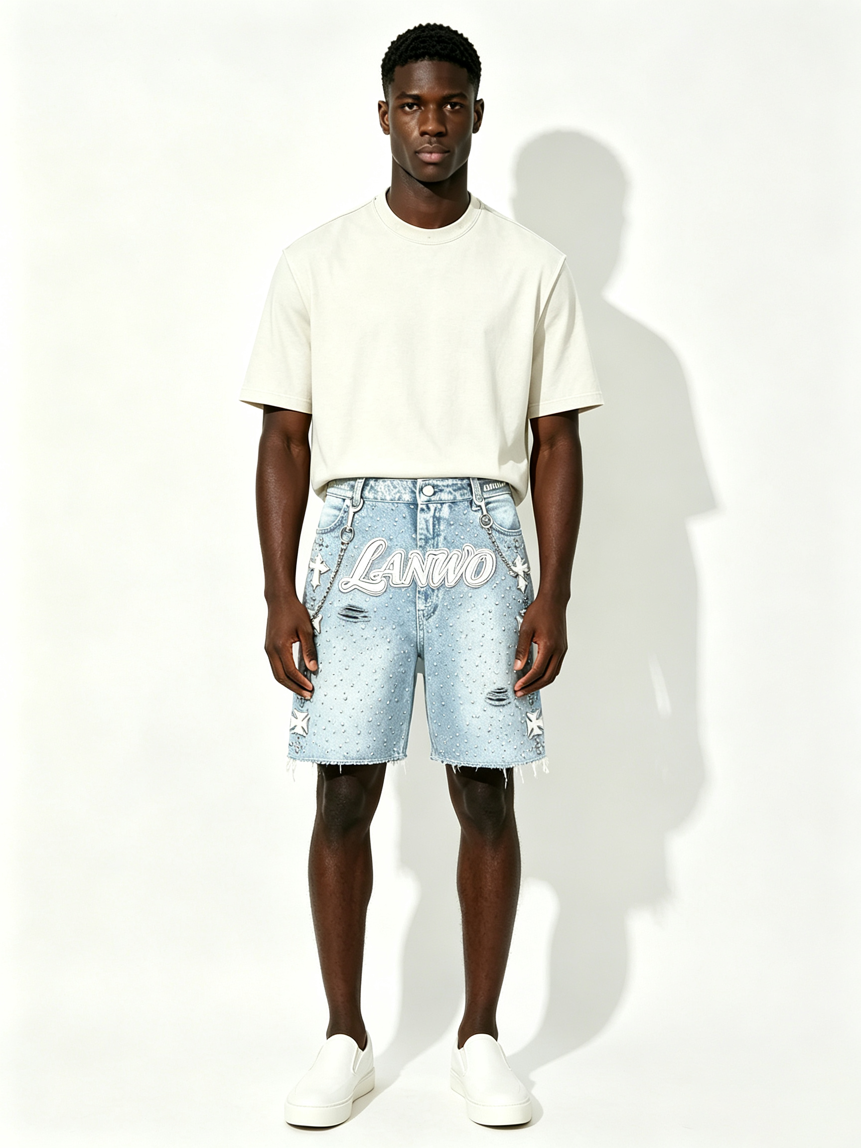 Custom Light Acid Wash Rhinestone Scatter Cross Embroidery Raw Fray Knee Denim Shorts Manufacturer | Men 3D Outline Cursive Logo Detachable Metal Chain Y2K Gothic Streetwear Jorts Private Label, 50 MOQ, 7-Day Sample & 15-Day Bulk Lead Time