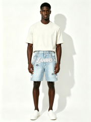 Custom Light Acid Wash Rhinestone Scatter Cross Embroidery Raw Fray Knee Denim Shorts Manufacturer | Men 3D Outline Cursive Logo Detachable Metal Chain Y2K Gothic Streetwear Jorts Private Label, 50 MOQ, 7-Day Sample & 15-Day Bulk Lead Time