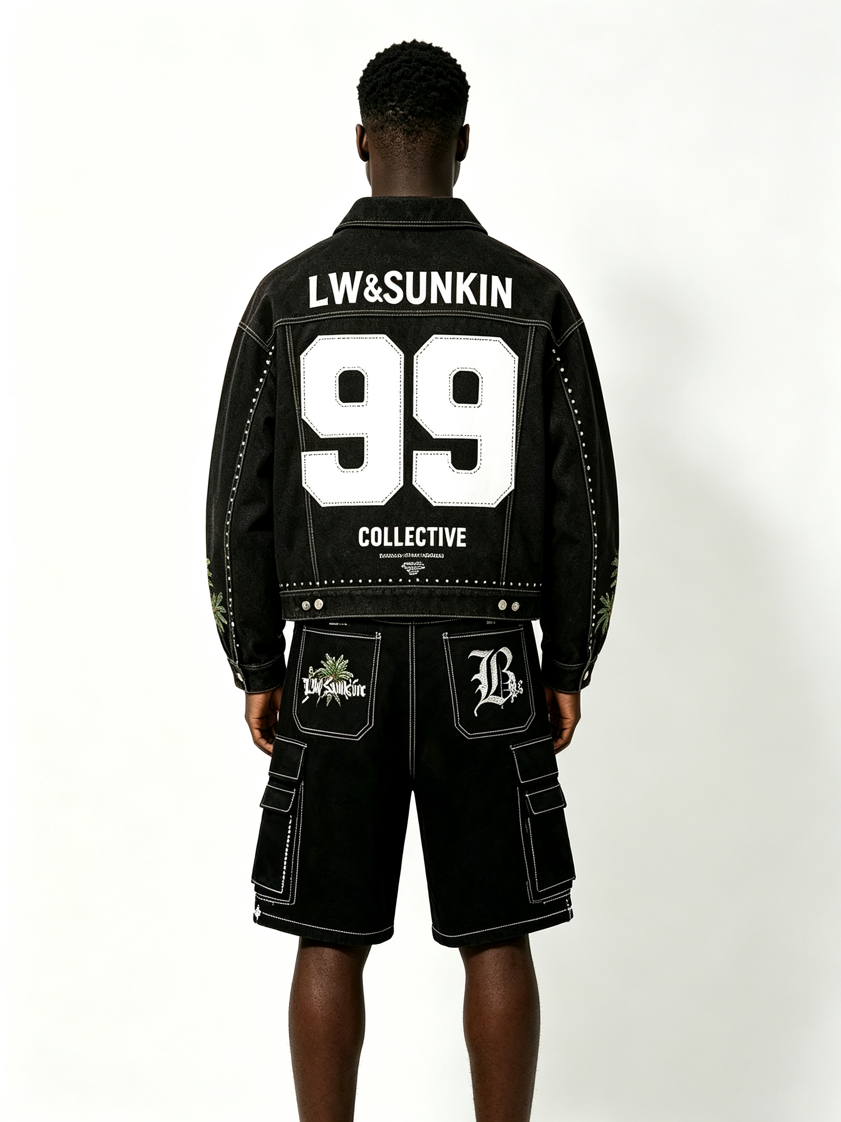 Custom Black Denim Cropped Jacket & Cargo Knee Shorts Matching Two Piece Set, Men Palm Tree Embroidery Rhinestone Contrast Stitch Oversized Summer Streetwear Co-Ord, Private Label Available, 50 MOQ, 7-Day Fast Sampling