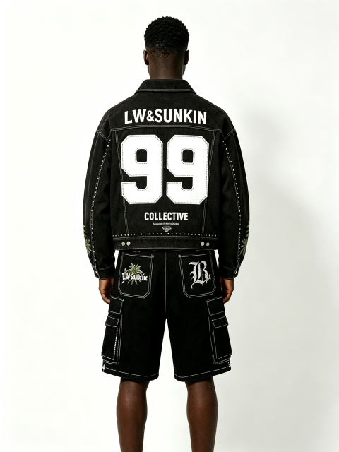 Custom Black Denim Cropped Jacket & Cargo Knee Shorts Matching Two Piece Set, Men Palm Tree Embroidery Rhinestone Contrast Stitch Oversized Summer Streetwear Co-Ord, Private Label Available, 50 MOQ, 7-Day Fast Sampling