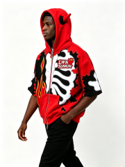 Custom Red Black Devil Horn Short Sleeve Zip Up Hoodie, Men Flame Skeleton Applique Embroidery Oversized Gothic Y2K Streetwear Hooded Jacket, Private Label Available, 50 MOQ, 7-Day Fast Sampling