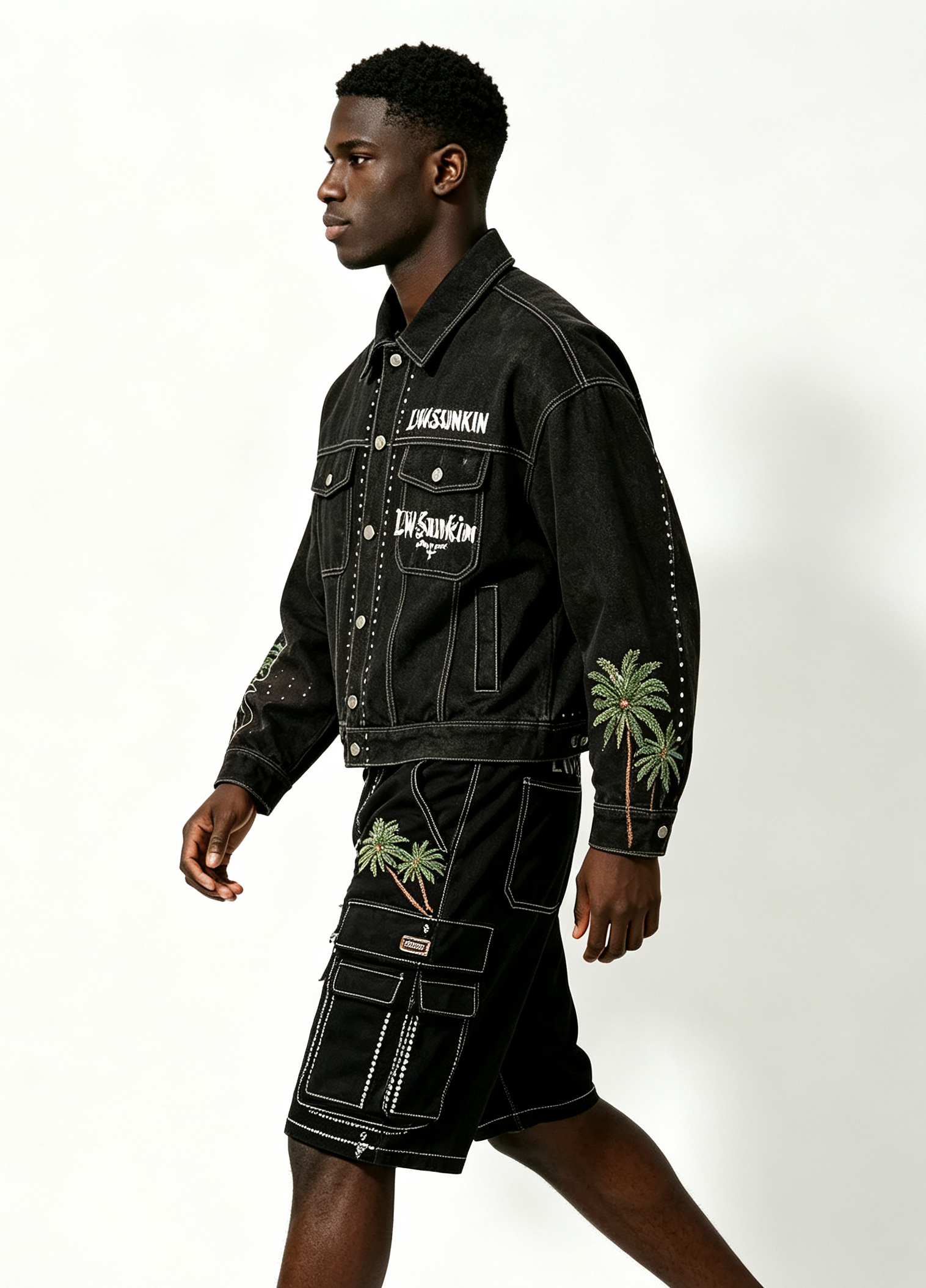 Custom Black Denim Cropped Jacket & Cargo Knee Shorts Matching Two Piece Set, Men Palm Tree Embroidery Rhinestone Contrast Stitch Oversized Summer Streetwear Co-Ord, Private Label Available, 50 MOQ, 7-Day Fast Sampling