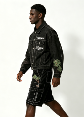 Custom Black Denim Cropped Jacket & Cargo Knee Shorts Matching Two Piece Set, Men Palm Tree Embroidery Rhinestone Contrast Stitch Oversized Summer Streetwear Co-Ord, Private Label Available, 50 MOQ, 7-Day Fast Sampling