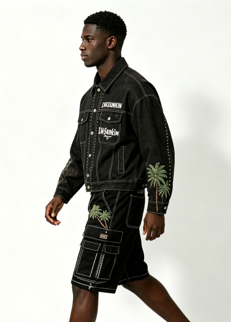 Custom Black Denim Cropped Jacket & Cargo Knee Shorts Matching Two Piece Set, Men Palm Tree Embroidery Rhinestone Contrast Stitch Oversized Summer Streetwear Co-Ord, Private Label Available, 50 MOQ, 7-Day Fast Sampling