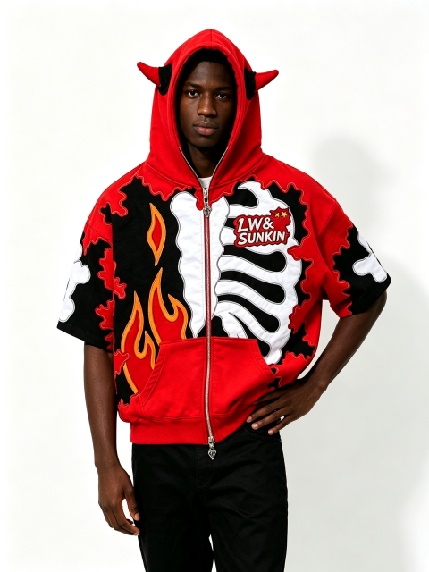 Custom Red Black Devil Horn Short Sleeve Zip Up Hoodie, Men Flame Skeleton Applique Embroidery Oversized Gothic Y2K Streetwear Hooded Jacket, Private Label Available, 50 MOQ, 7-Day Fast Sampling