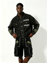 Custom Black Denim Cropped Jacket & Cargo Knee Shorts Matching Two Piece Set, Men Palm Tree Embroidery Rhinestone Contrast Stitch Oversized Summer Streetwear Co-Ord, Private Label Available, 50 MOQ, 7-Day Fast Sampling
