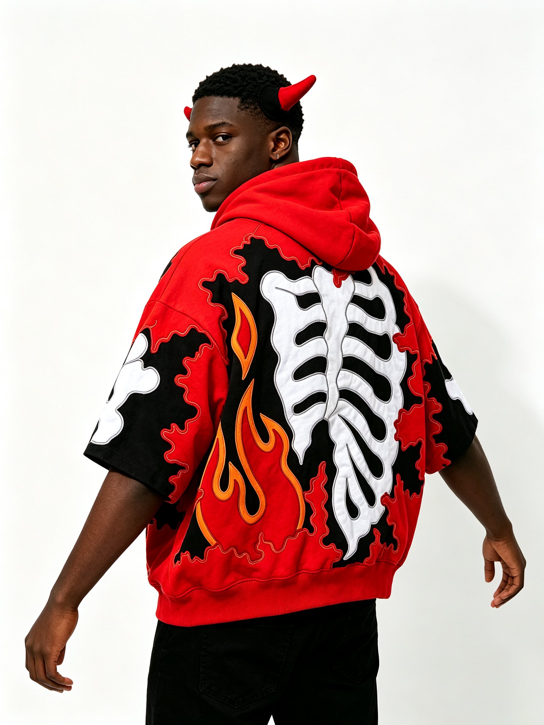 Custom Red Black Devil Horn Short Sleeve Zip Up Hoodie, Men Flame Skeleton Applique Embroidery Oversized Gothic Y2K Streetwear Hooded Jacket, Private Label Available, 50 MOQ, 7-Day Fast Sampling