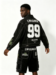 Custom Black Denim Cropped Jacket & Cargo Knee Shorts Matching Two Piece Set, Men Palm Tree Embroidery Rhinestone Contrast Stitch Oversized Summer Streetwear Co-Ord, Private Label Available, 50 MOQ, 7-Day Fast Sampling