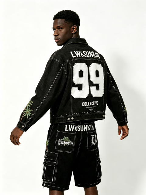 Custom Black Denim Cropped Jacket & Cargo Knee Shorts Matching Two Piece Set, Men Palm Tree Embroidery Rhinestone Contrast Stitch Oversized Summer Streetwear Co-Ord, Private Label Available, 50 MOQ, 7-Day Fast Sampling