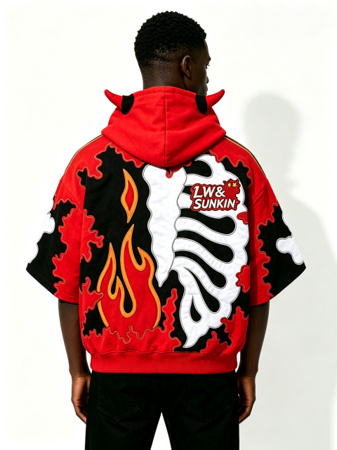 Custom Red Black Devil Horn Short Sleeve Zip Up Hoodie, Men Flame Skeleton Applique Embroidery Oversized Gothic Y2K Streetwear Hooded Jacket, Private Label Available, 50 MOQ, 7-Day Fast Sampling