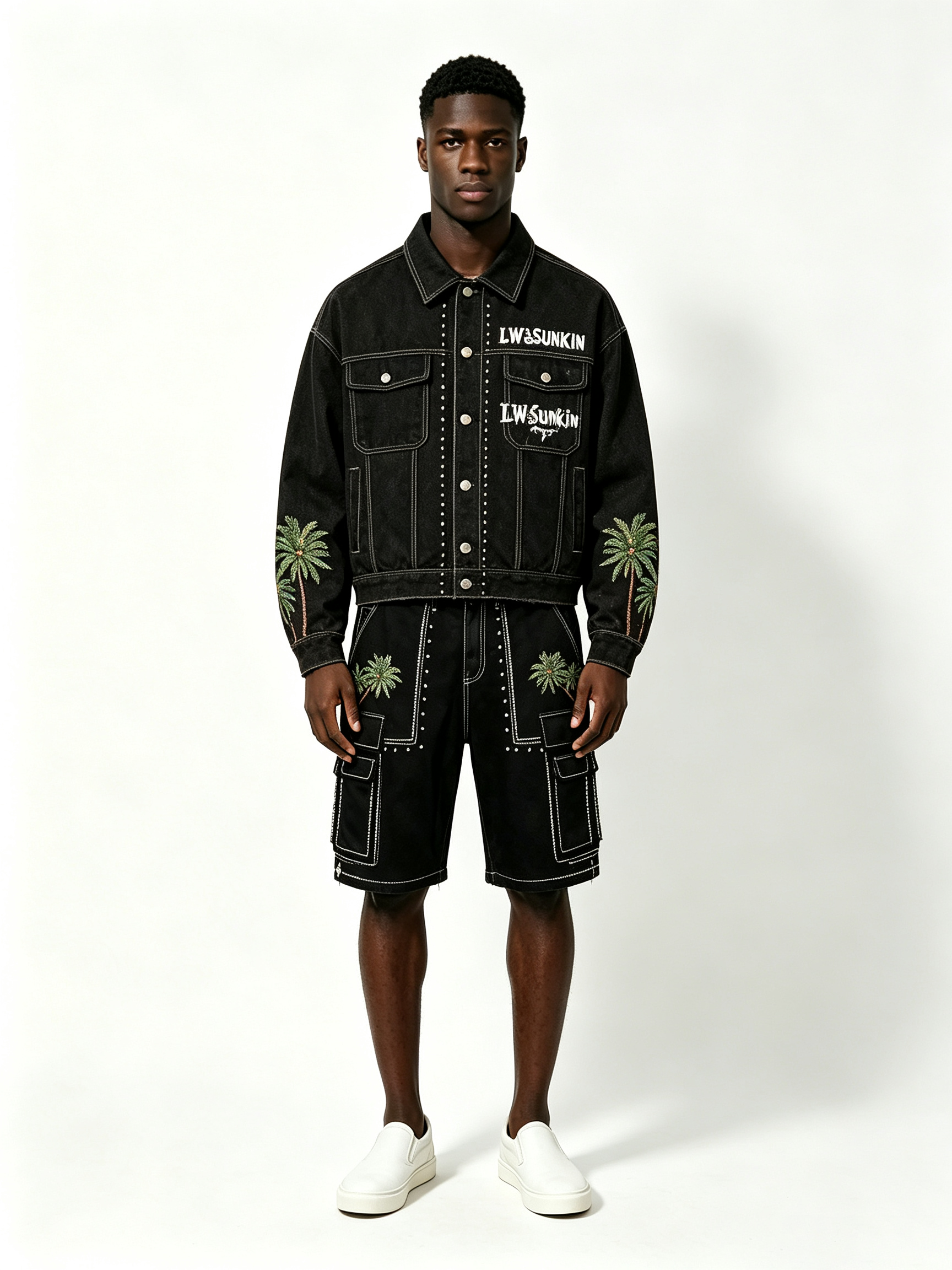 Custom Black Denim Cropped Jacket & Cargo Knee Shorts Matching Two Piece Set, Men Palm Tree Embroidery Rhinestone Contrast Stitch Oversized Summer Streetwear Co-Ord, Private Label Available, 50 MOQ, 7-Day Fast Sampling