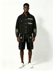 Custom Black Denim Cropped Jacket & Cargo Knee Shorts Matching Two Piece Set, Men Palm Tree Embroidery Rhinestone Contrast Stitch Oversized Summer Streetwear Co-Ord, Private Label Available, 50 MOQ, 7-Day Fast Sampling