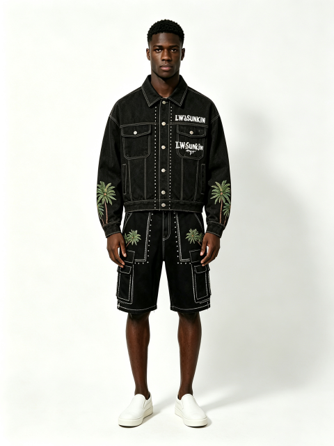 Custom Black Denim Cropped Jacket & Cargo Knee Shorts Matching Two Piece Set, Men Palm Tree Embroidery Rhinestone Contrast Stitch Oversized Summer Streetwear Co-Ord, Private Label Available, 50 MOQ, 7-Day Fast Sampling
