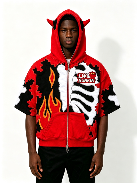 Custom Red Black Devil Horn Short Sleeve Zip Up Hoodie, Men Flame Skeleton Applique Embroidery Oversized Gothic Y2K Streetwear Hooded Jacket, Private Label Available, 50 MOQ, 7-Day Fast Sampling