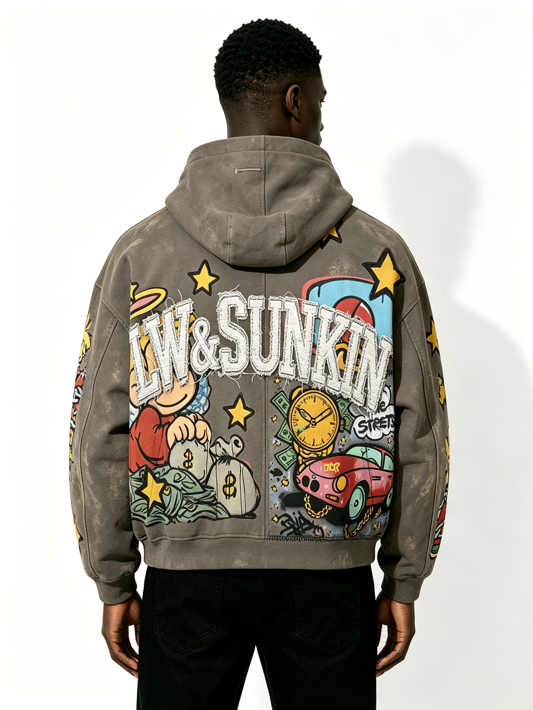 Custom Taupe Full Zip Hooded Jacket, Men Cartoon Comic Patch Applique Letter Oversized Casual Streetwear Zip Up Hoodie, Private Label Supported, 50 MOQ, 7-Day Fast Sampling